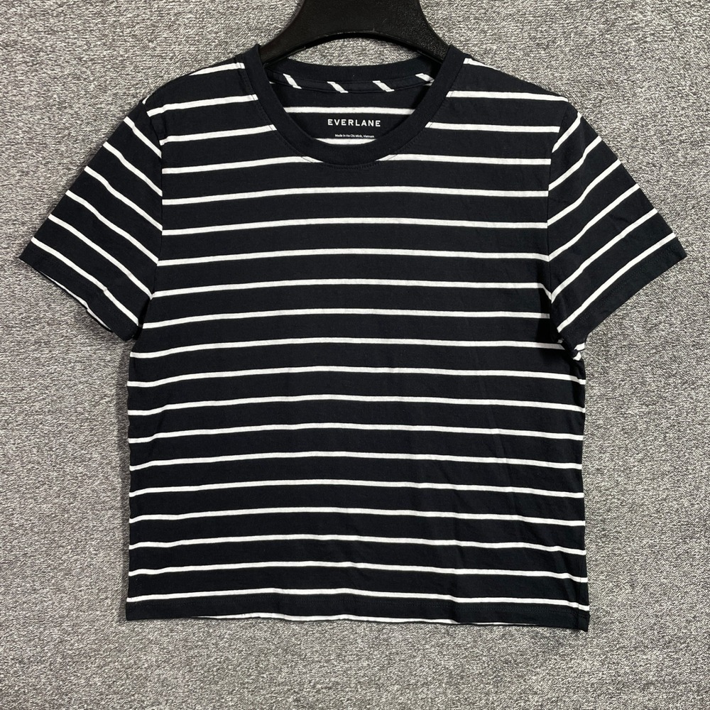 Everlane Shirt Medium Womens Black White Striped Cotton Short Sleeve Crew Neck